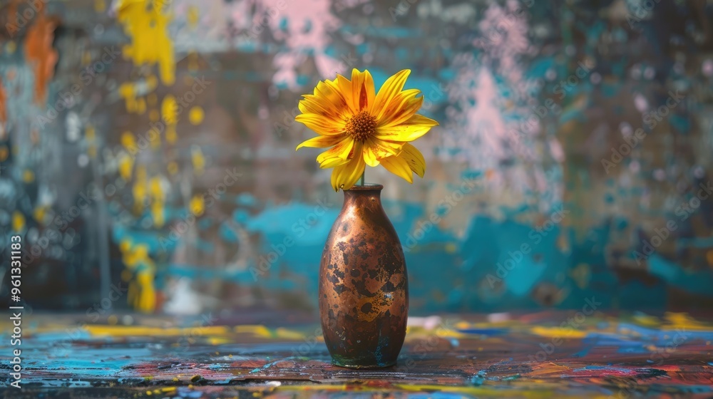 Wall mural Yellow flower in copper vase on a table with paint, post rain