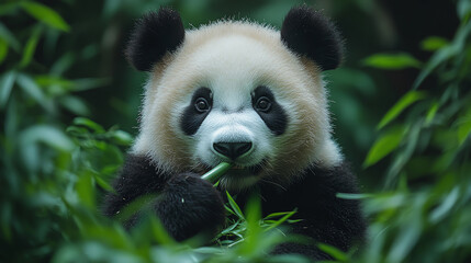 Obraz premium A close-up of a panda munching on bamboo surrounded by lush greenery, showcasing its adorable features and peaceful demeanor.
