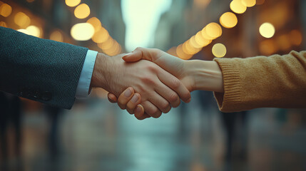 A close-up of two hands shaking in a vibrant urban setting, symbolizing agreement and partnership under soft bokeh lights.