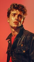 Fototapeta premium Portrait of a young man with curly brown hair and a leather jacket, looking upwards against a red background.