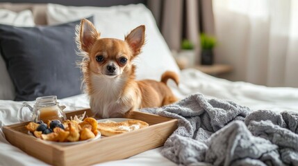 Tray with tasty breakfast and cute Chihuahua dog on bed in room. Pet friendly hotel