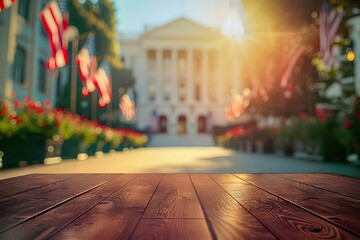 Wooden Stage with American Flag in an Outdoor Courtyard