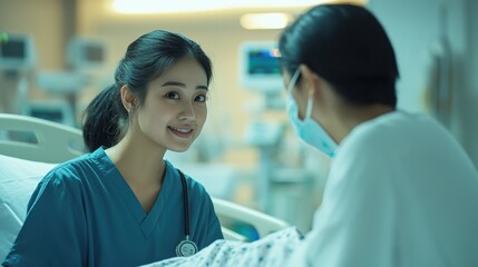 Fototapeta premium Smiling Nurse in Scrubs Offering Comfort to Patient in Hospital Room, Healthcare and Medical Support Concept