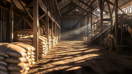 Fototapeta premium Cool morning light, highlighting the textures of weathered wooden beams and metal farm equipment, rows of seed bags neatly stacked, dirt floor, evoking a sense of early farm work and preparation