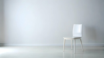 Minimalism and Solitude: A lone white chair stands against a stark white backdrop in a spacious room, bathed in soft, natural light. This image evokes a sense of tranquility and simplicity. 