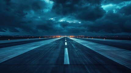 Dark concrete or asphalt of plane runway with light in the night sky view. AI generated image