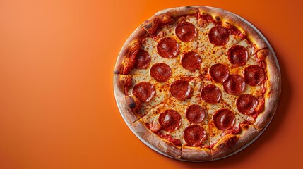 Delicious pepperoni pizza mockup on bright orange background for summer discount promotions