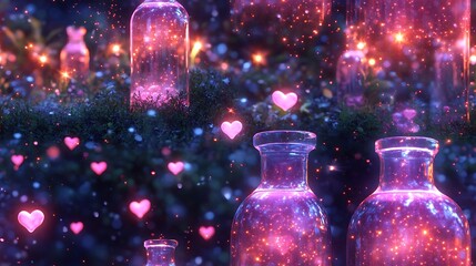 Adorable potion bottles glowing with soft pink liquid, with heart-shaped bubbles and tiny stars floating around, surrounded by magical sparkles and a glowing night sky, whimsical and enchanting,