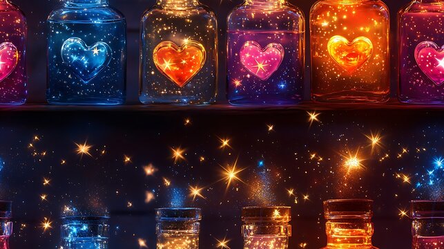 Adorable potion bottles with heart and star designs, glowing softly with pastel liquids, surrounded by magical sparkles and floating stars, playful and enchanting, hd quality, natural look.