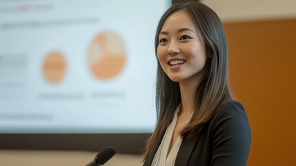 Confident Businesswoman Giving Presentation with Graphs in Background During Corporate Meeting
