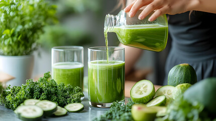 Fresh green juice being poured into glasses with vegetables nearby.