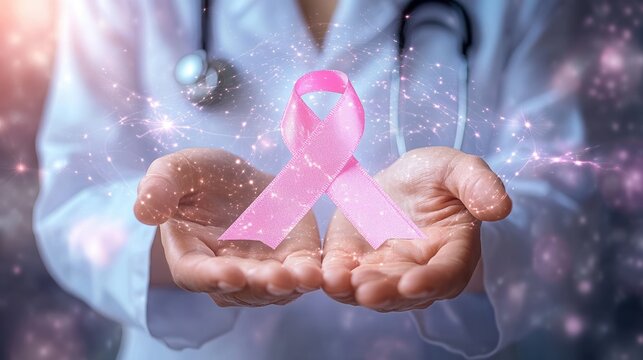 A healthcare professional holding a pink ribbon symbolizing support for breast cancer awareness and research.