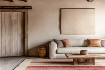 Minimalist Scandinavian living room corner with textiles, wooden furniture and natural lighting. Elegant interior design composition with copyspace