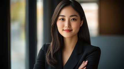 Confident Young Businesswoman in Modern Office Setting with Natural Light