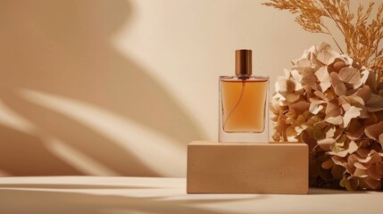 Perfume bottle display on beige surface with podium and dried hydrangea. Earthy tones and space for text.