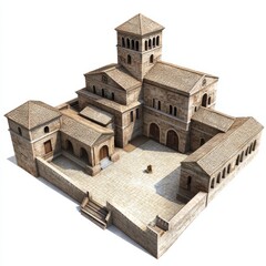 3D Render of a stone monastery with cloisters and a central courtyard, on isolated white background