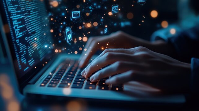 Portrait hand of software engineer working on laptop with circuit board. AI generated