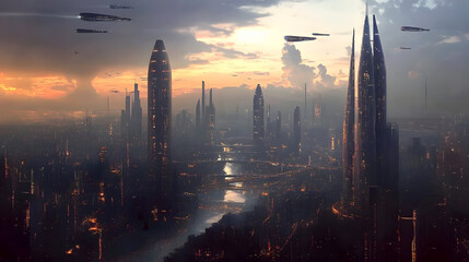 Obraz premium city of the future, with towering buildings and advanced transportation systems in the sky