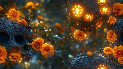 An elegant skull adorned with detailed floral patterns, with vines, roses, and marigolds intertwined around the skull, creating a contrast between gothic and beauty, glowing softly, hd quality,