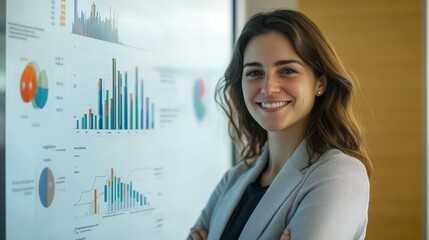Confident Businesswoman Presenting Data Analysis with Graphs and Charts in Modern Office Setting
