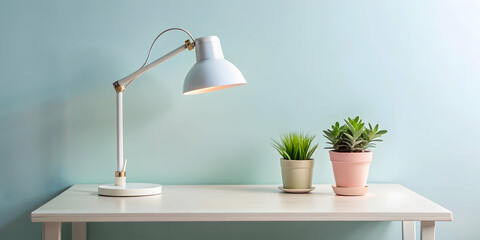 Minimalist Workspace Serenity: A pristine white desk bathed in soft light, adorned with a sleek lamp and vibrant plants against a serene blue backdrop, inviting productivity and tranquility. 