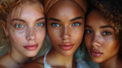 Fototapeta premium Three women with vibrant headwraps and natural makeup posing together in a sunlit indoor setting