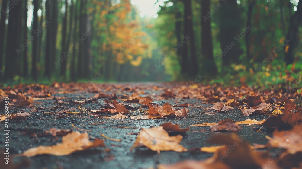 Sticker autumn leaves path in forest