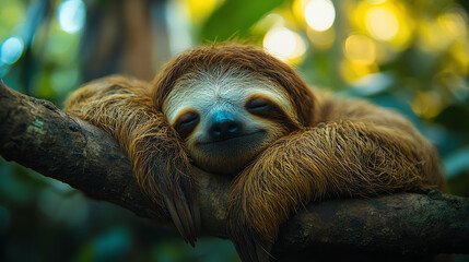 Fototapeta premium A peaceful sloth resting on a tree branch, surrounded by lush greenery and warm sunlight, embodying tranquility and relaxation.