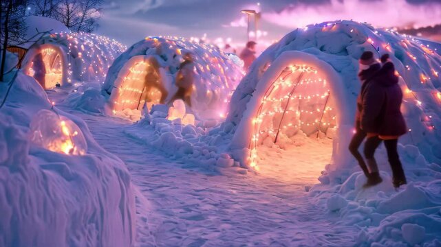 A winter wonderland with snow-covered igloos adorned with twinkling lights, creating a magical atmosphere, A magical igloo village with twinkling lights and snow sculptures