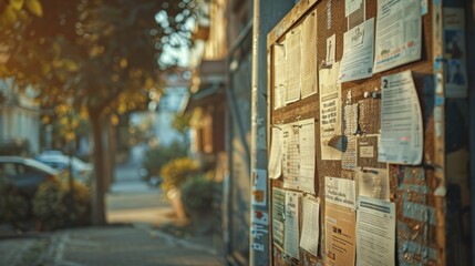 A close-up of a community notice board with flyers for upcoming events and activities, with a minimalist background and plenty of copy space for flyer content
