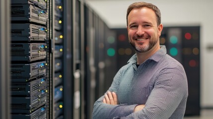 Fototapeta premium Confident IT Professional Standing in Server Room with Arms Crossed, Smiling at Camera