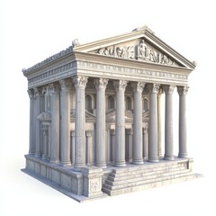 3D Render of a stone palace with tall pillars and decorative facades, on isolated white background