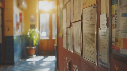 A close-up of a community notice board with flyers for upcoming events and activities, with a minimalist background and plenty of copy space for flyer content