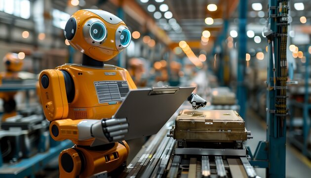 a robot floorman with a clipboard quality checking a factory assembly line