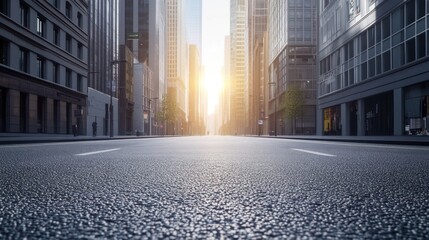Close up clean empty road on modern office of city building buildings. AI generated