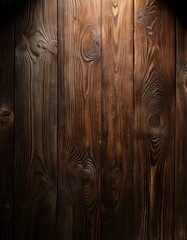 Obraz premium Dark wooden wall surface, gradient texture, HD quality. Subtle light from above creates depth, emphasizing rich grain, contrasting shadows, enhancing visual interest, providing dramatic, cinematic eff