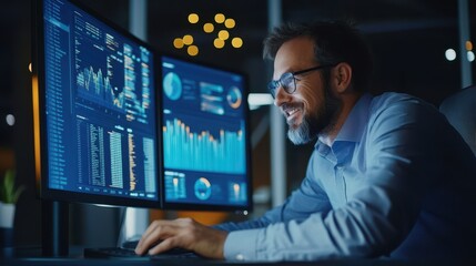 Business Professional Analyzing Financial Data on Multiple Computer Screens in Modern Office at Night