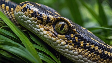 Obraz premium Macro shot of Python in a green land