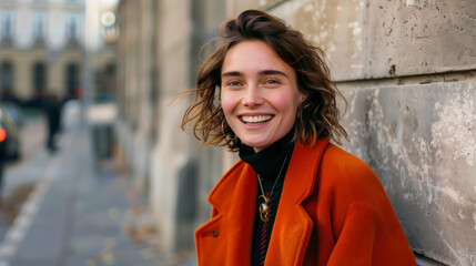 Fototapeta premium Cheerful woman smiling by a window in a cozy room during the day in a warm atmosphere