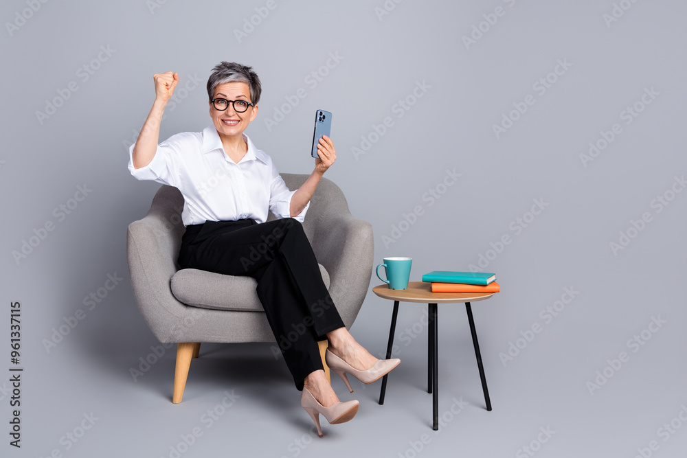 Poster full body photo of attractive pensioner woman sit armchair hold device winning dressed stylish forma