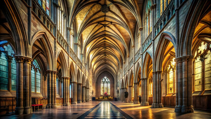 Fototapeta premium Gothic Grandeur: Soaring arches and ethereal light converge in this captivating view of a cathedral's nave, whispering tales of faith, history, and architectural mastery. 