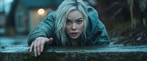 Young woman struggles to escape a wet, dark urban environment at dusk