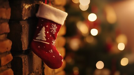 A festive red Christmas stocking is hanging on a brick chimney with a blurred chrismas tree at the background