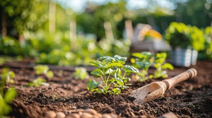 A detailed view of a community garden project promoting healthy eating, with a clean background and ample copy space for gardening tips