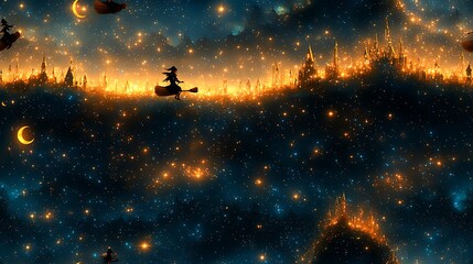 Naklejka premium Cute witches riding broomsticks high above a starry landscape, surrounded by twinkling stars, crescent moons, and magical sparkles, fun and playful vibe with soft lighting, hd quality, natural look.