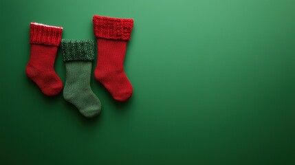 A set of three red and green Christmas stockings over a green flat background