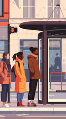 Diverse People Waiting at Bus Stop, Illustrating Public Transport and Urban Commuting Scene