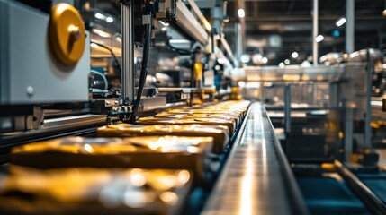 Naklejka premium A conveyor belt with packaged goods in an industrial setting.