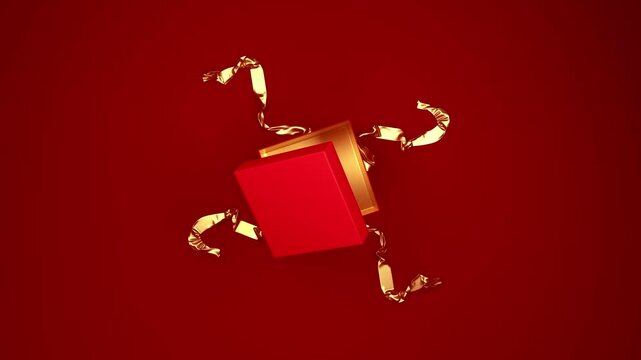 A red gift box with a gold ribbon unties and opens, displaying the contents inside on a solid red backdrop. Perfect for festive or special occasion animations.