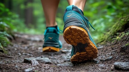 A close-up of unbranded running shoes on a trail, highlighting the tread and grip designed for outdoor terrain.